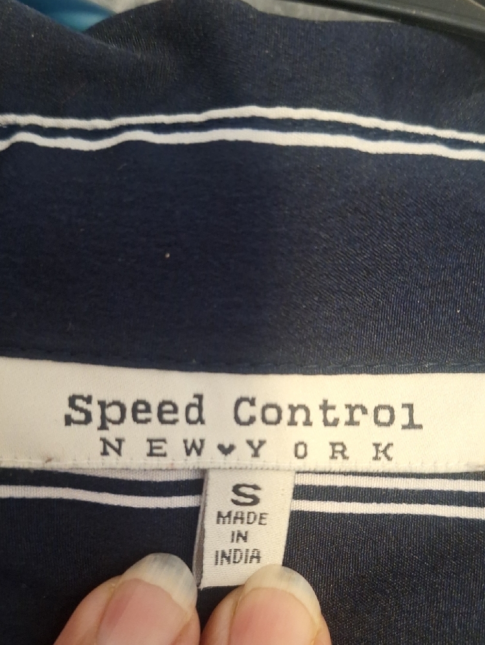 Speed Control Navy Stripe Button-Front Shirt Dress with Yellow Accents - Picture 8 of 9